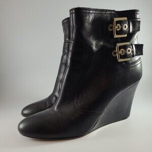 NINE WEST Herbert LEATHER WEDGE Heel BOOTS Buckled BOOTIES Black 9M